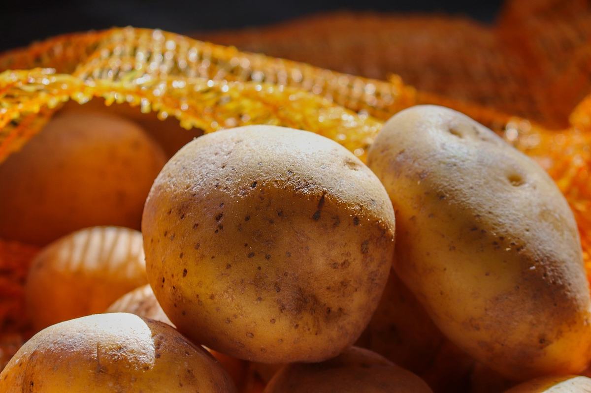 Rohe Kartoffeln in einem orangefarbenen Kartoffelnetz