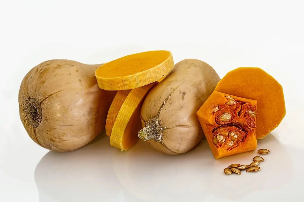 Zwei ganze Butternut-Kürbisse mit beiger Schale neben Scheiben und einem halbierten Stück mit Kernen